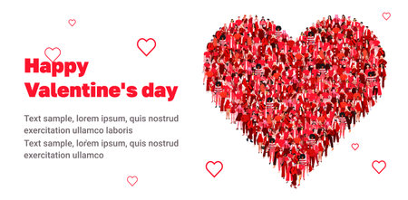 Large group of people in the shape of a red heart. Valentine's day template or background for Love and Valentine's day concept. flat vector illustrationのイラスト素材