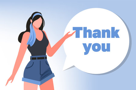 Greeting card with woman, speech bubble and lettering Thank you. Flat vector illustration isolated on white.のイラスト素材