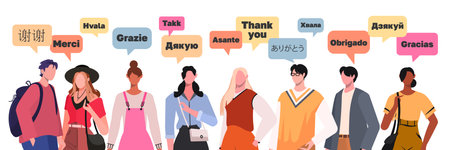 Portrait group of multiethnic people speaking. Speech bubbles with text Thank You in various international languages. International Thank You Day.のイラスト素材
