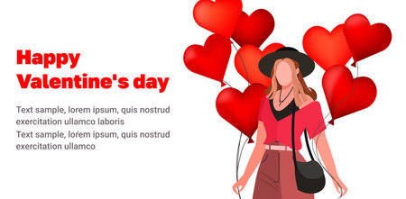 Young modern woman with heart shaped balloons isolated on white background. Design for love concept and valentine's day. Flat vector illustration.のイラスト素材