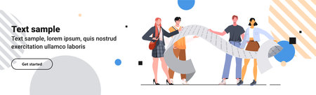 Young modern men and women hold and check big checklist or task paper document or shopping list in big paper scroll. Time management, payment, shopping concept.のイラスト素材