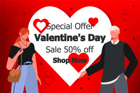 Valentine's Day Sale 50% off. Poster or banner with young couple and white heart with place for text. Flat vector illustration isolated on red background.のイラスト素材