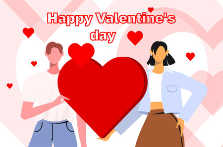 Festive valentine's day greeting card with couple and heart in hands. concept of love. Flat vector illustration.のイラスト素材