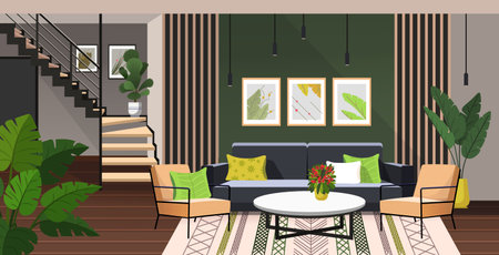 Modern apartment with stylish living room with comfortable sofa, modern armchairs, flowers in pot and paintings and stairs to next floor. interior design. vector illustration.のイラスト素材