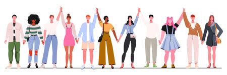 Group of young men and women standing together and holding hands. Teamwork, unity, friendship, and support concept. Diverse multiracial and multicultural group of peopleのイラスト素材
