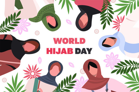 Portraits of young Muslim women in traditional hijabs and trendy clothes. Greeting card for World hijab day and International Women's Day.のイラスト素材