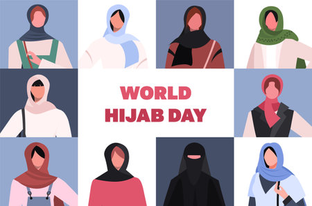 Portraits of young Muslim women in traditional hijabs and trendy clothes. world hijab day. Flat graphic vector illustration isolated on white background.のイラスト素材