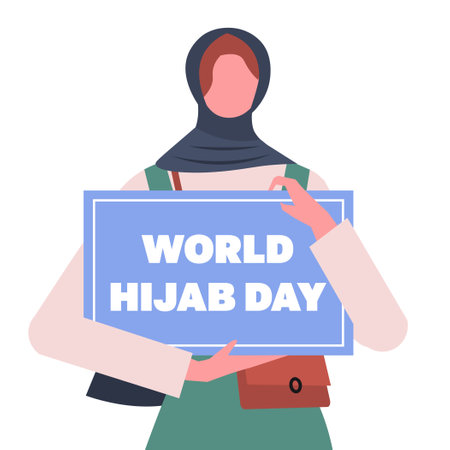 Young modern Muslim Woman In Hijab holds a banner in her hands with the inscription World hijab day. Flat vector illustration isolated on white background.のイラスト素材