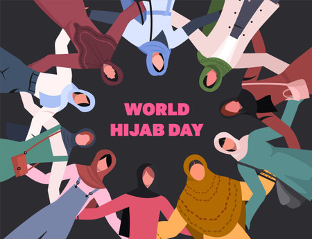 Illustration of group of Muslim women in traditional hijabs in circle hugging together. world hijab day. Unity, help and teamwork concept. flat vector illustrationのイラスト素材