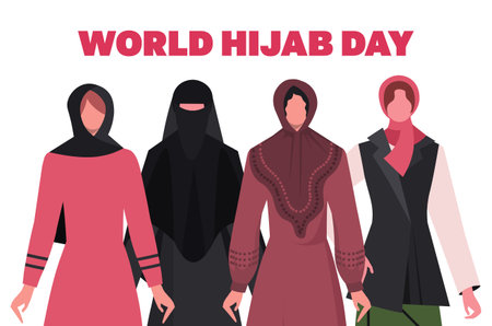 world hijab day. Portraits of young Muslim women in traditional hijabs standing together. Concept of friendship, unity, help and support concept.のイラスト素材