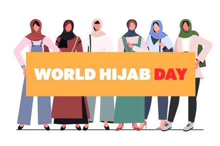 A group of young modern Muslim women in traditional hijabs and trendy clothes holding a banner with the inscription World hijab day. vector illustrationのイラスト素材