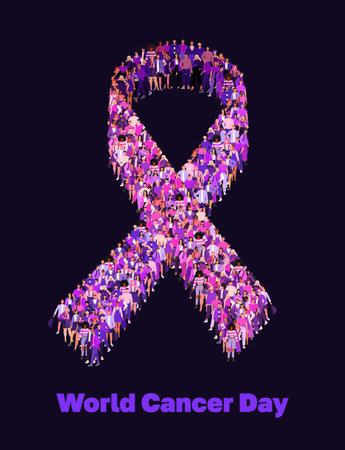 World Cancer Day 4 Feb. Large group of people form to create a purple ribbon. cancer awareness poster. Flat vector illustration isolated on black backgroundのイラスト素材