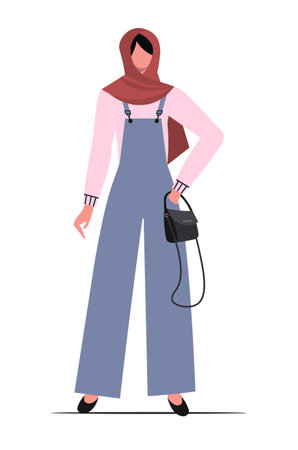 Modern Muslim woman in hijab and trendy fashion outfit. Flat vector illustration isolated on white background.のイラスト素材
