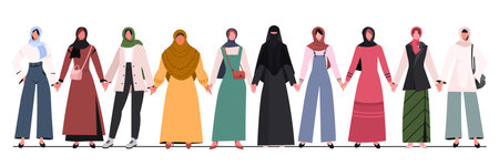 Group of young Muslim women in traditional hijabs and trendy clothes standing together and holding hands. Concept of community, support, partnership, teamwork, social movement.のイラスト素材