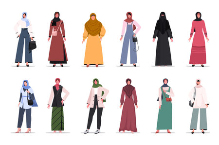 Set of Muslim women. Modern Arabian women in traditional hijabs and trendy clothes. Collection of female characters isolated on white background. Flat cartoon vector illustration.のイラスト素材