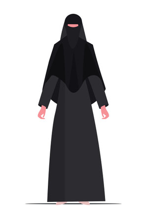 Arab woman in black traditional clothes Muslim and hijab. Flat vector illustration isolated on white background.のイラスト素材