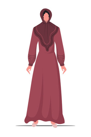 Woman in traditional Muslim clothing and wearing a hijab. Strict formal outfit and elegant appearance. Arabian woman isolated on white background.のイラスト素材