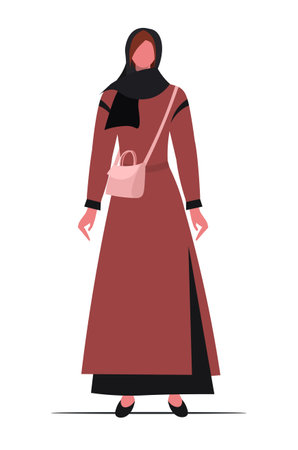 Arab female character in long brown dress, in ballet flats and traditional headdress isolated on white background. Flat vector illustration.のイラスト素材
