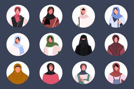 Avatars Muslim women. Set of user profiles. Flat vector illustration isolated on dark blue background.のイラスト素材