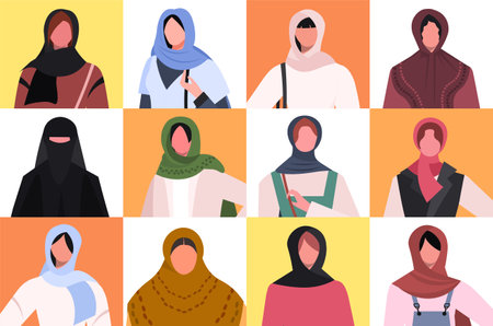 Set of portraits Muslim women in collage mosaic collection. character collection. Flat vector illustration isolated over bright multicolored background.のイラスト素材