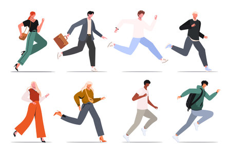 Ambitious business people running, hurrying to their goals and rushing on urgent businesses. Set of man and woman rushing. Concept of aspiration to success. flat vectorのイラスト素材