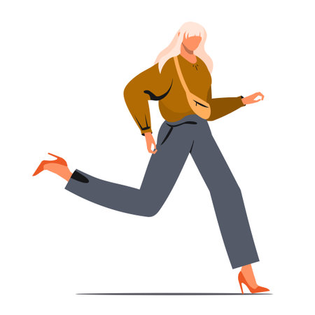 Woman rushing and running fast. Fast lifestyle and aspiration striving for success. Modern trendy businesswoman in fashion stylish outfit.のイラスト素材
