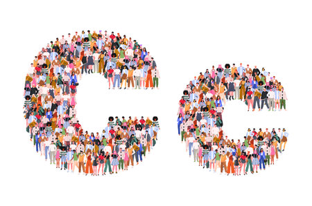 Large group of people in letter C form. People standing together. A crowd of male and female characters. Flat vector illustration isolated on white background.のイラスト素材