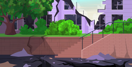city earthquake. City destruction after quake or disaster with cracks and damages on buildings and ground. flat vector illustrationのイラスト素材