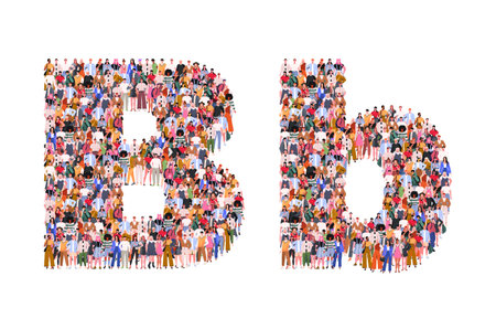 Large group of people in letter B form. People standing together. A crowd of male and female characters. Flat vector illustration isolated on white background.のイラスト素材