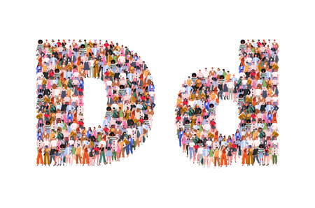 Large group of people in letter D form. People standing together. A crowd of male and female characters. Flat vector illustration isolated on white background.のイラスト素材