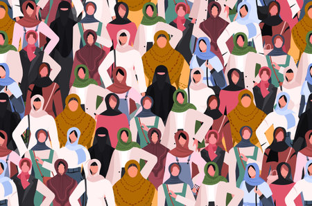 Seamless pattern with modern independent Muslim women. Women empowerment movement pattern. International women's day, women's rights, hijab day.のイラスト素材