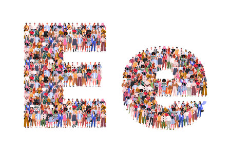 Large group of people in letter E form. people font. People standing together. A crowd of male and female characters. Flat vector illustration isolated on white background.のイラスト素材