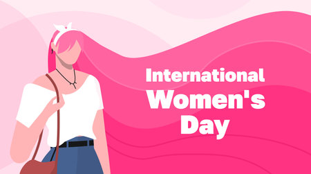 Modern festive vector illustration for 8 March celebration international women's day. Illustration of a cute woman from the side view with pink hair.のイラスト素材