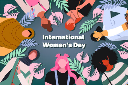 International Women's Day and 8 march. Multiethnic women and beautiful young girls standing together with flower and leaves. Struggle for freedom, independence, equality.のイラスト素材