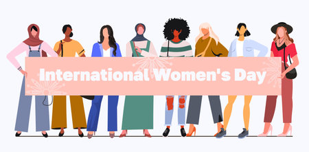 A group of young modern women holding a banner with the inscription International Women's Day. Diverse women standing together for feminism, freedom, independence, empowerment.のイラスト素材