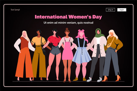 Group of diverse modern women standing together and embracing each other. March 8, International Women's Day. Modern vector illustration concept for website developmentのイラスト素材