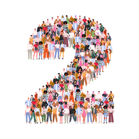 Large group of people in number 2 two form. Numbers made of people. A crowd of male and female characters. Flat vector illustration isolated on white background.のイラスト素材