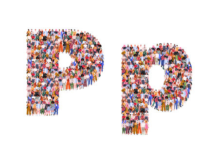 Large group of people in letter P form. People standing together. A crowd of male and female characters. Flat vector illustration isolated on white background.のイラスト素材