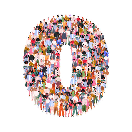 Large group of people in number 0 zero form. Numbers made of people. A crowd of male and female characters. Flat vector illustration isolated on white background.のイラスト素材