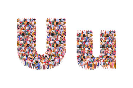 Large group of people in letter U form. People standing together. A crowd of male and female characters. Flat vector illustration isolated on white background.のイラスト素材
