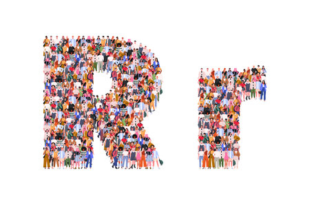 Large group of people in letter R form. People standing together. A crowd of male and female characters. Flat vector illustration isolated on white background.のイラスト素材