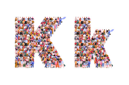 Large group of people in letter K form. People standing together. A crowd of male and female characters. Flat vector illustration isolated on white background.のイラスト素材