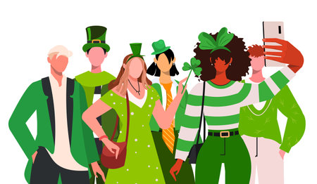 Group of young people doing selfie on a mobile phone. People in carnival costumes celebrating St. Patrick's Day. Flat vector illustration isolated on white background.のイラスト素材
