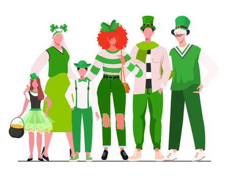 Happy big family standing together with different holiday symbols celebrating Patrick's Day. Father, mother, grandfather, grandmother and children. smiling cartoon charactersのイラスト素材