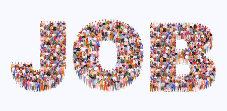 Large group of people in the form of Job word. A crowd of male and female characters for web page, banner, presentation, social media. flat vector illustrationのイラスト素材