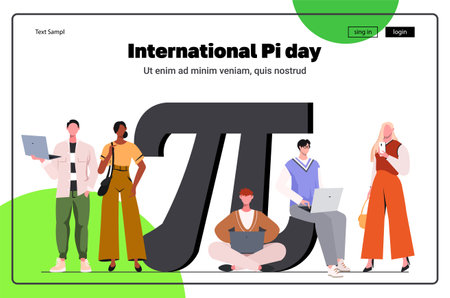 International Pi day March 14. Flat vector illustration isolated on white background. Math Science Concept. students studying mathematics. Modern vector concept for websiteのイラスト素材