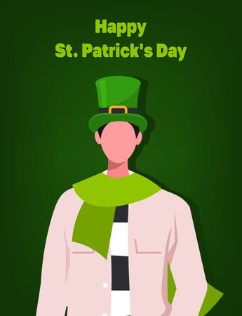 A young man in a green hat and a light green scarf celebrates St. Patrick's Day. Flat vector illustration isolated on green background.のイラスト素材