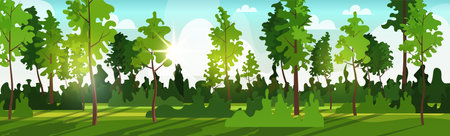 Spring or summer landscape with green grass, bushes, trees and blue sky. Nature scene of garden or natural park in daylight. Flat cartoon colorful vector illustration.のイラスト素材