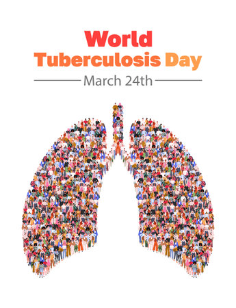 World Tuberculosis Day March 24. Large group of people in lungs form. A crowd of male and female characters. Flat vector illustration isolated on white background.のイラスト素材