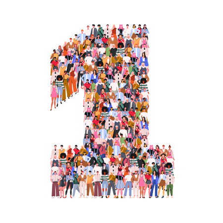 Large group of people in number 1 one form. Numbers made of people. A crowd of male and female characters. Flat vector illustration isolated on white background.のイラスト素材